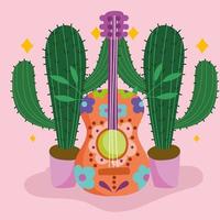 mexico guitar and cactus in pots culture traditional vector