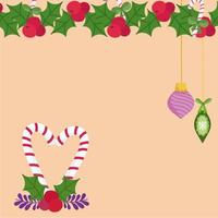 Feliz navidad bolas colgantes holly berry y decoración de bastones de caramelo vector