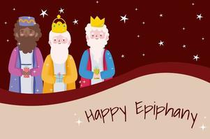 happy epiphany, three wise kings snowflakes greeting card vector