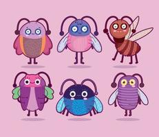 funny bugs creature animals cartoon set on pink background vector