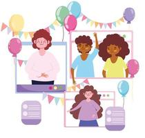 virtual party, different people on screen devices website celebration vector
