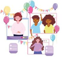 Fiesta virtual, diferentes personas en la celebración del sitio web de dispositivos de pantalla. vector