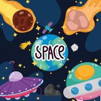 espacio dibujos animados explorar tierra planeta ovni nave espacial asteroides estrella fugaz vector