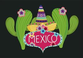 mexico culture traditional hat fowers cactus label template vector