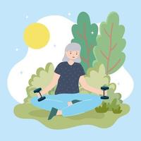 granny sitting with dumbbells vector