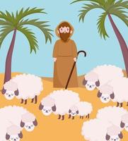 nativity, manger shepherd with sheeps in desert cartoon vector