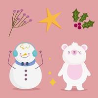 merry christmas, snowman bear holly berry and star icons design vector