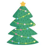 merry christmas, tree with star and lights celebration icon isolation vector