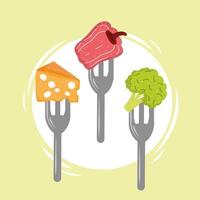 vegetables and cheese in forks vector