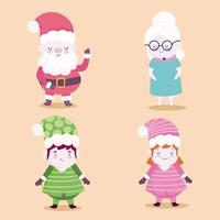 merry christmas, mr, mrs claus and helpers characters icons design vector