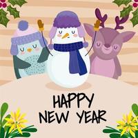 feliz año nuevo lindo reno muñeco de nieve pingüino y decoración de flores vector