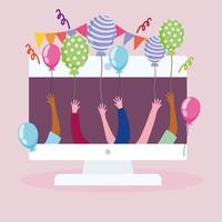 virtual party, computer and people celebration event balloons vector