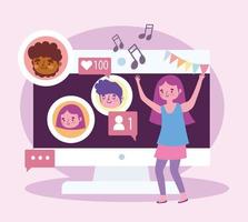 virtual party, girl celebrating dancing with people on video call vector