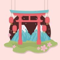 mount fuji lanterns and gate vector