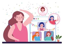 virtual party, female friends meeting celebration festive characters vector