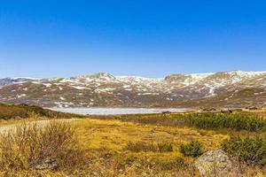 Panorama de vavatn lago turquesa congelado en el paisaje de verano hemsedal noruega. foto