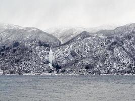 Winter landscape fjord sunrise sunset, Norway. Ferry Vangsnes to Balestrand. photo