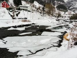 Winter landscape frozen river lake fjord, ice banks, Norway. photo