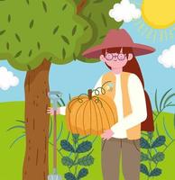 farmer girl with pumpkin vector