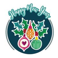 Feliz año nuevo bolas decorativas y adornos de bayas de acebo vector