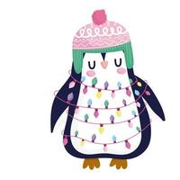 merry christmas, penguin with hat and tangled lights celebration icon isolation vector