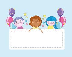 niño y niñas alegres con globos de fiesta y pancarta, niños vector