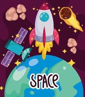 space earth planet spaceship satellite comet exploration cartoon vector