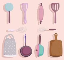 cooking utensils cutlery ladle mixer spatula cutting board pot and saucepan in cartoon style vector