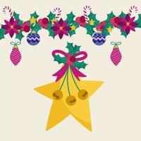 merry christmas golden star garland holly and balls vector