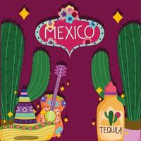 México sombrero de guitarra de cactus y cultura tequila tradicional vector