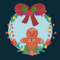 merry christmas gingerbread man in wreath bow holly berry decoration vector