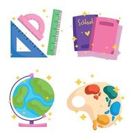 back to school icons set watercolor palette books ruler globe map vector