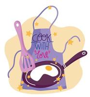 cooking apron spatula and fried egg saucepan in cartoon style vector