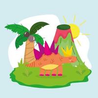 lindo dinosaurio y volcán vector