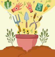 potted flowers with tools vector