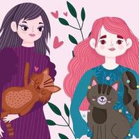 cute women with cats love leaves decoration, pets concept vector