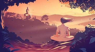 una mujer joven está meditando en la cima de una montaña donde se enfrenta a otra montaña donde la estatua de Buda en posición sentada en la cima de la montaña. vector