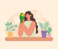 woman holding parrot vector