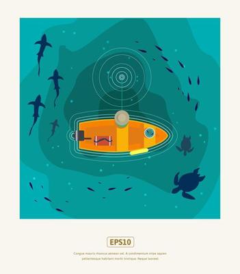 Summer flat illustration, fisherman fishing in the deep sea