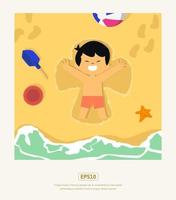 Summer flat illustration, with boy playing sand vector