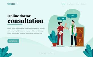 Plantilla web de página de destino, con ilustración de médico, planta y estantería. vector