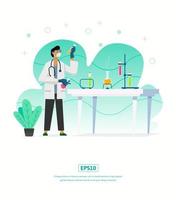 Plantilla de sitio web con ilustración de médico en un laboratorio, con mesa, líquido químico, plantas