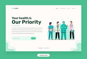 La plantilla web de la página de destino, el personaje de ilustración con el equipo médico se puede utilizar para impresión, infografía, presentación. vector