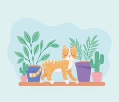 gatito y plantas vector