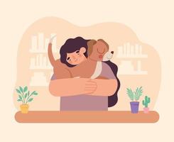 woman hugging puppy vector