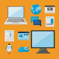 computer and laptop with digital icon set vector