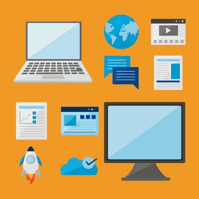computer and laptop with digital icon set