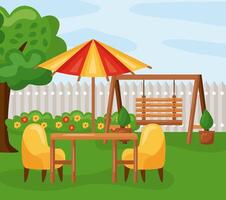 table with umbrella chairs and swing vector