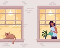 mujer y gato en windows vector