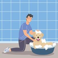 man bathes an puppy vector